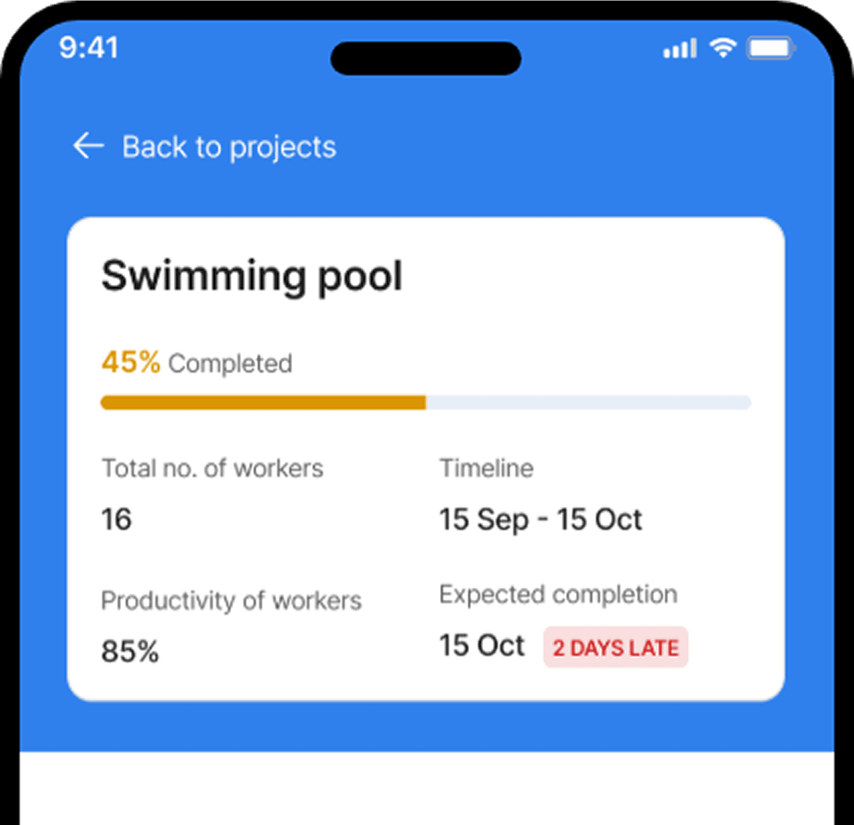 Projectsmate mobile app interface showing project management features