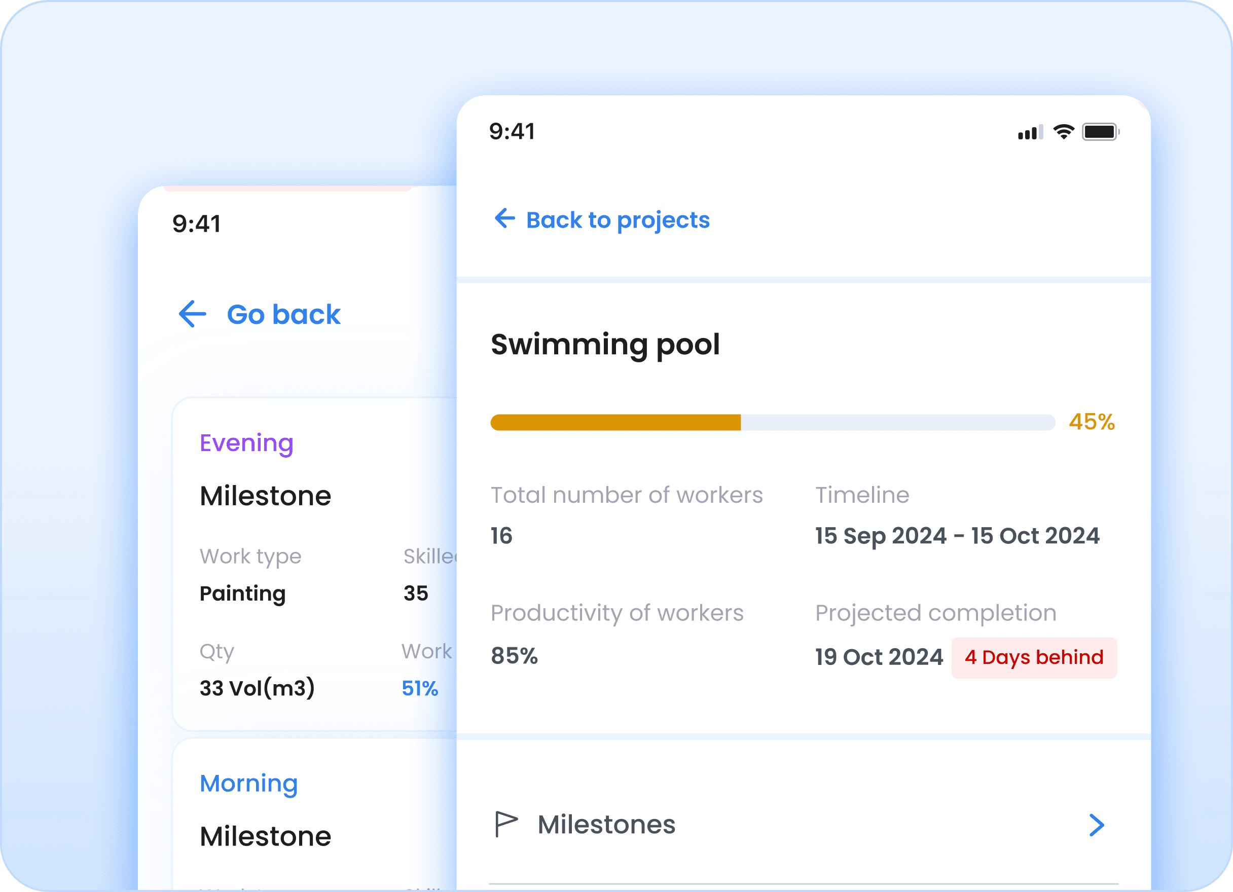 Project management mobile interface showing milestones and project progress