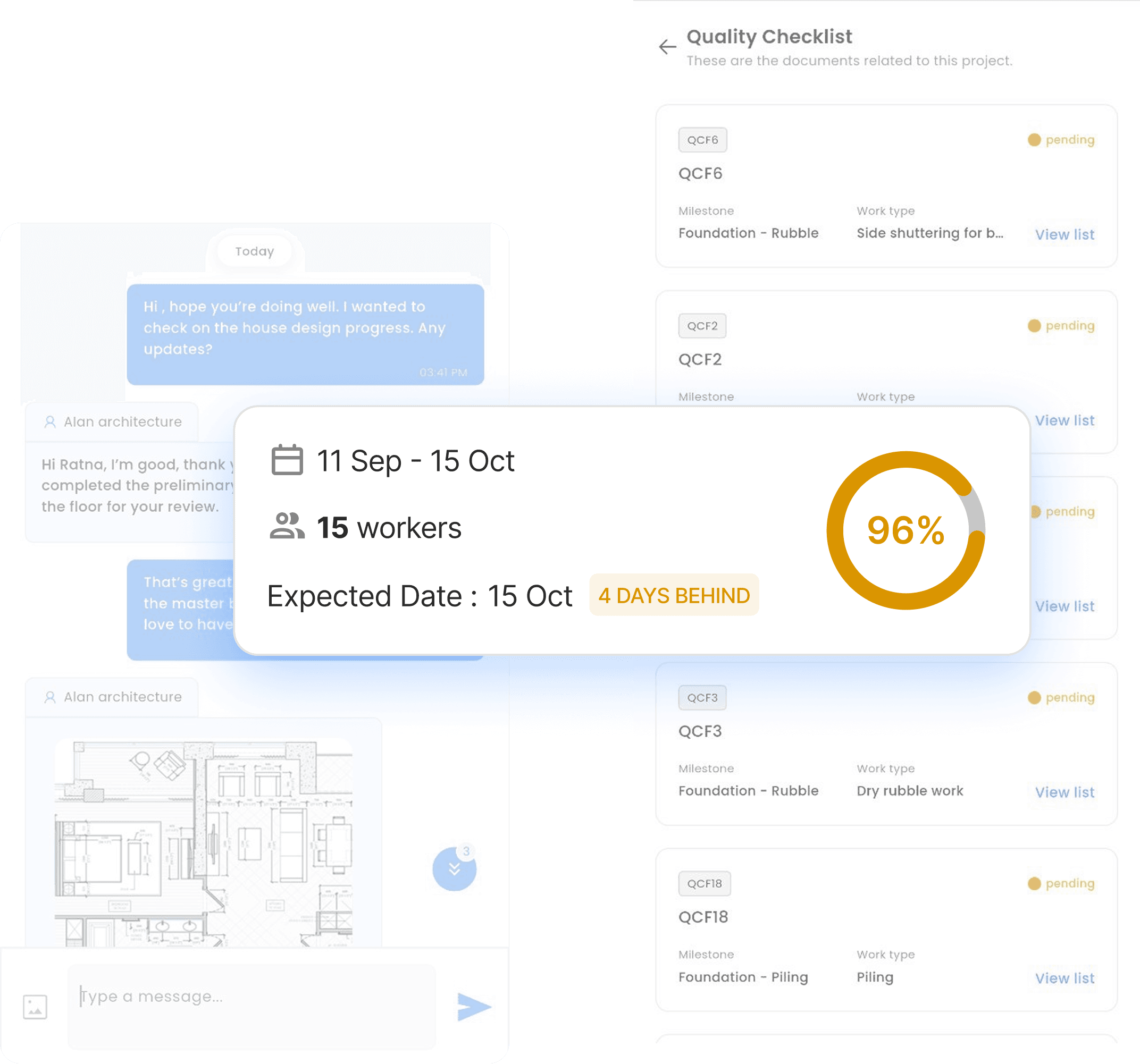 Project management interface showing quality checklist and progress tracking
