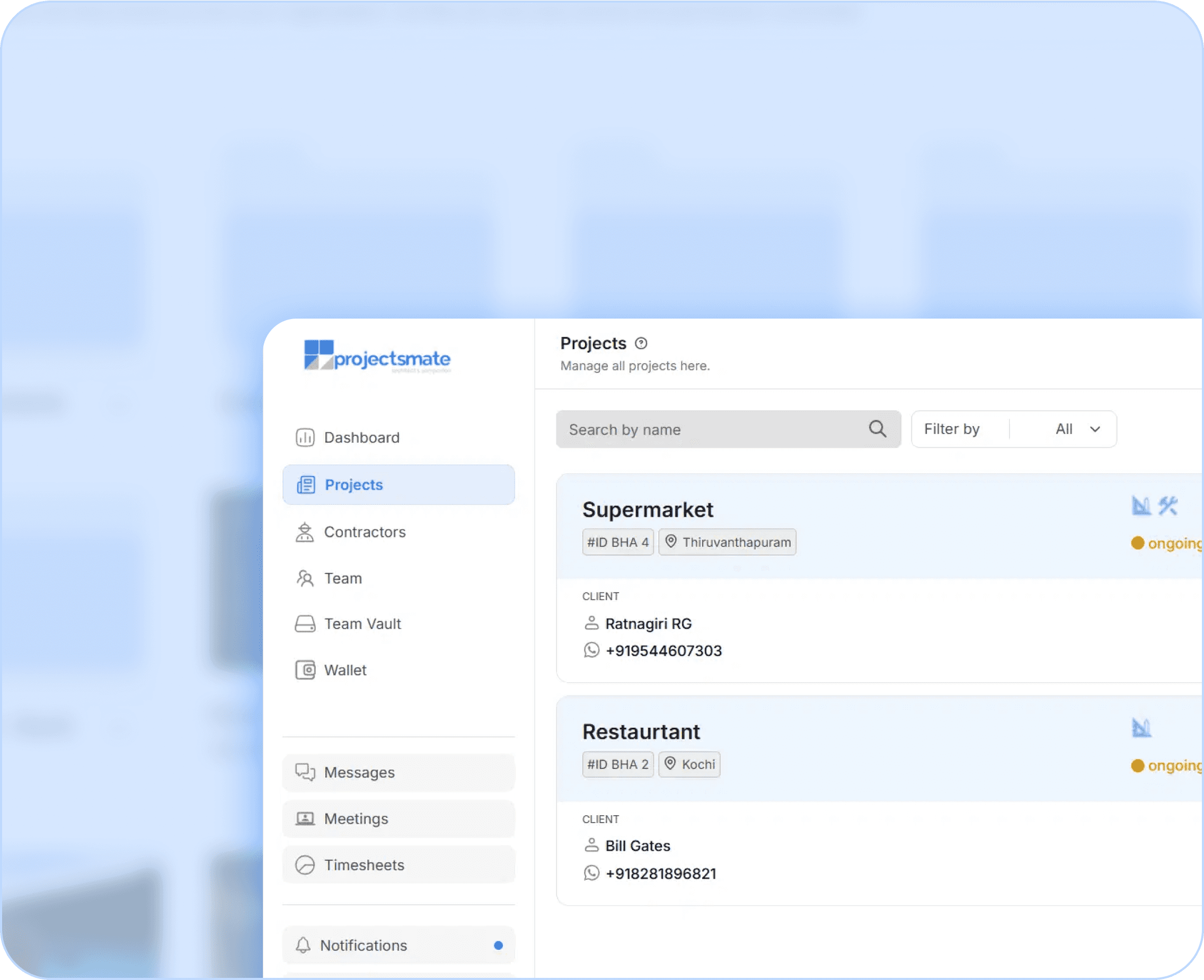 Projectsmate dashboard showing projects overview with supermarket and restaurant projects